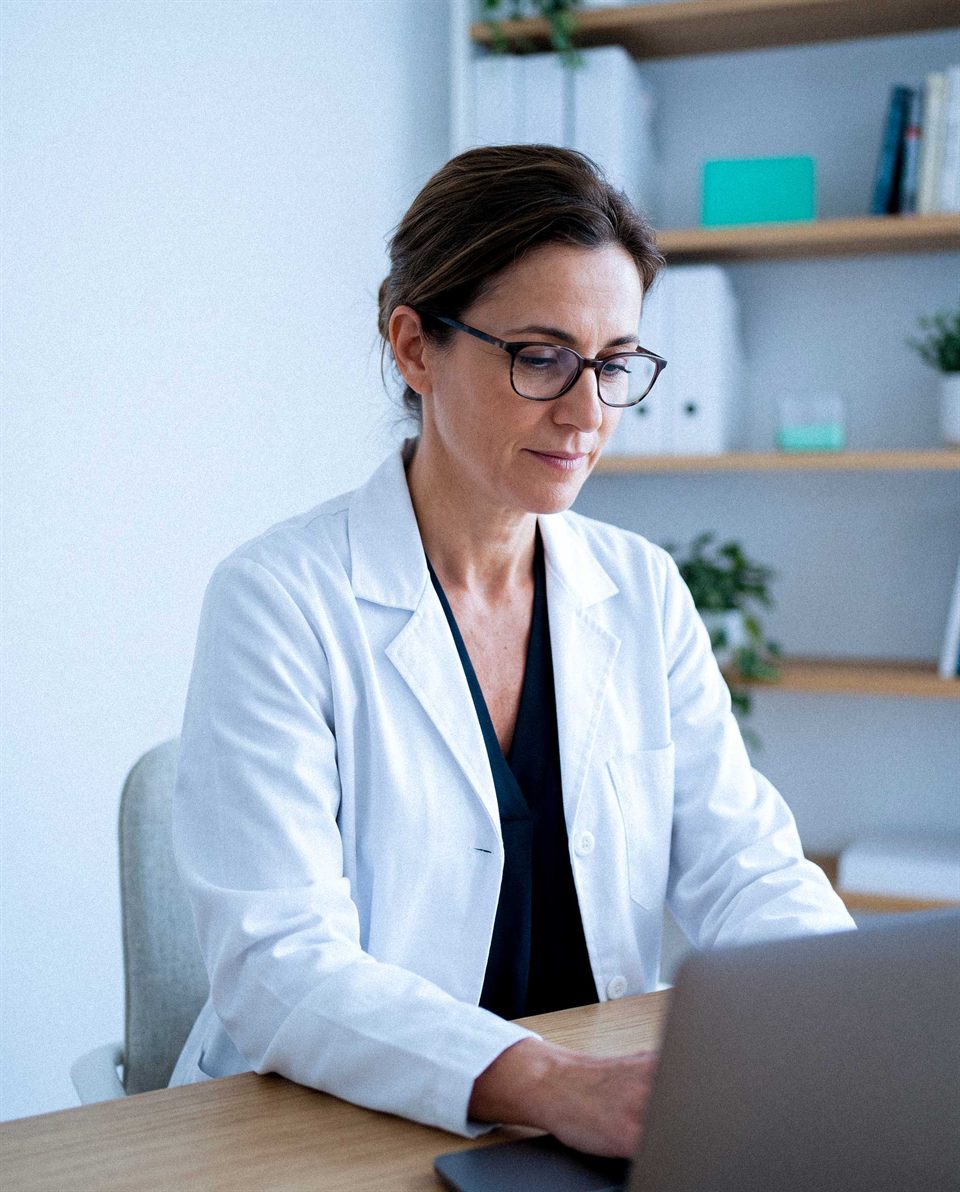 Doctora revisando los datos de su clínica en un portátil. Imagen ilustrativa.